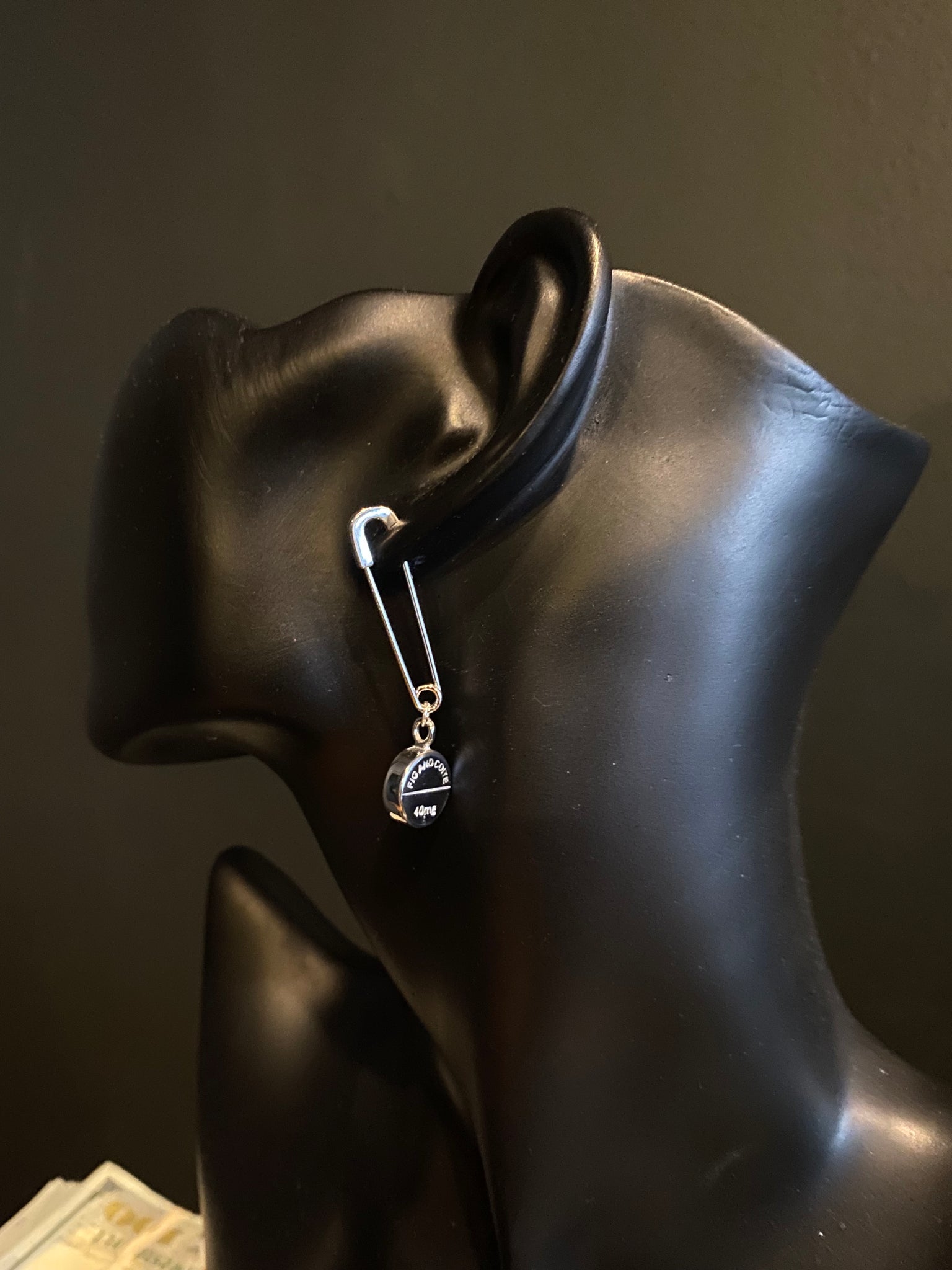 Silver Safety Pin Pressed Pill Earring